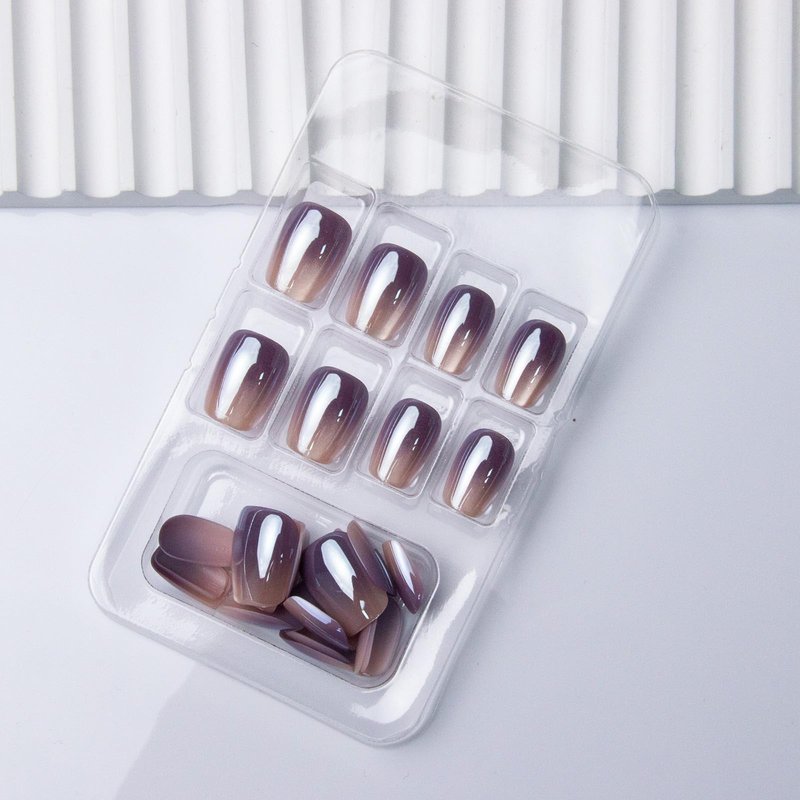 Ombre Press on Nails Short Square Fake Nails Purple Gradient False Nails Press ons with Designs Chrome Cat Eye Acrylic Nails Glossy Finish Full Cover Glue on Nail for Women Manicure 24Pcs