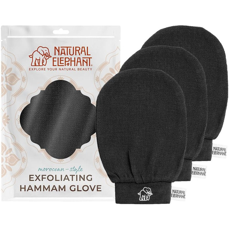 Natural Elephant Exfoliating Hammam Glove | Authentic Moroccan Kessa Body Scrub Mitt for Spa-Quality Skin Renewal | Pure Black 3 Pack