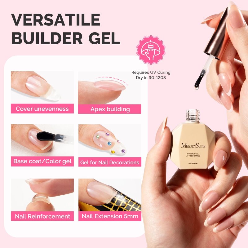 MelodySusie Clear Builder Nail Base Gel for Nails Thickening, Soak Off UV Extension Gel, Rhinestone Nail Glue in a Bottle for Nail Art Design Salon DIY Manicure at Home Gift for Women