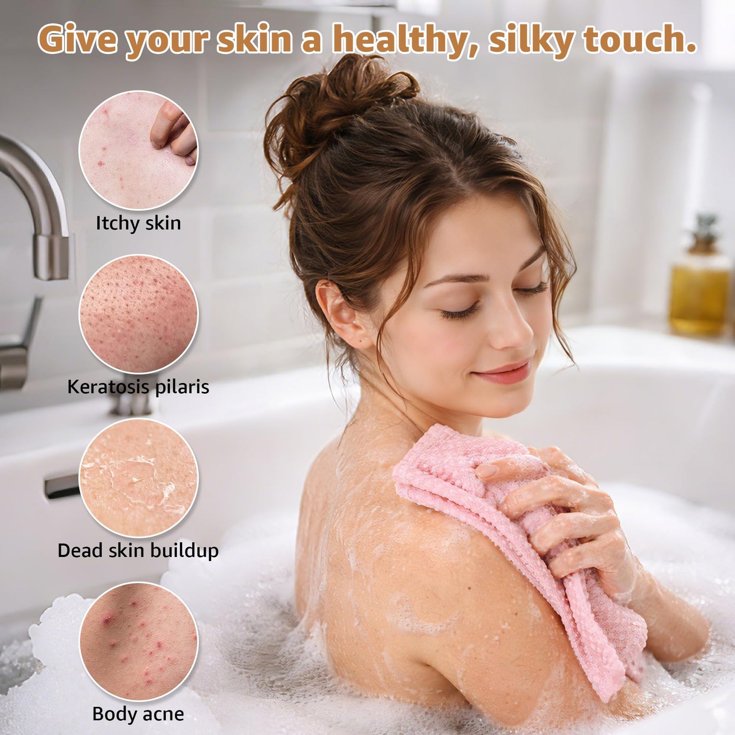 2Pcs Exfoliating Washcloth Towel, Long Dual-Sided Exfoliating Body Scrubber Exfoliator, Back Scrubber Deep Cleansing & Gentle Exfoliation, Quick-Drying Bath Towel for All Skin Types (Black & Pink)