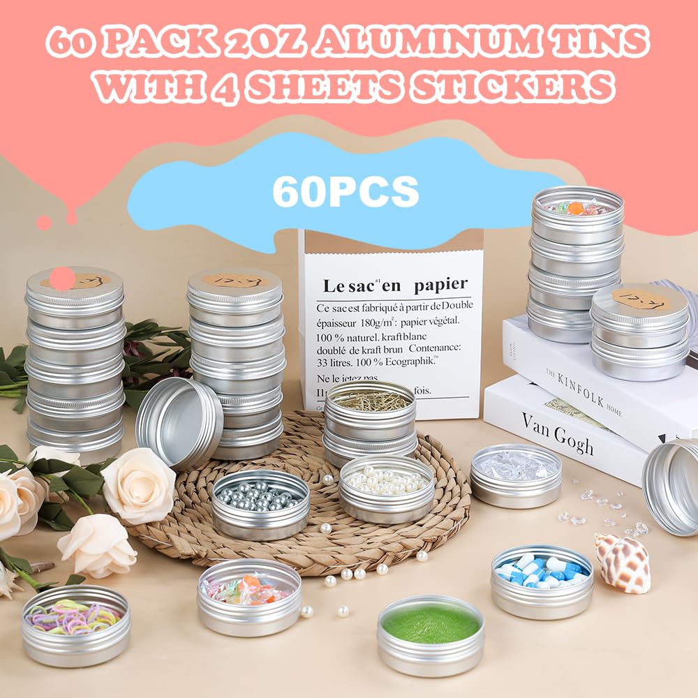 YQ 60 Pack 2oz Tins with Lids, Refillable Salve Tins, Thick 2 oz Tin with Labels, Screw Lid 2oz Tin, Aluminum Round Salve Containers for Lotions, Balms, Salve (Silver)