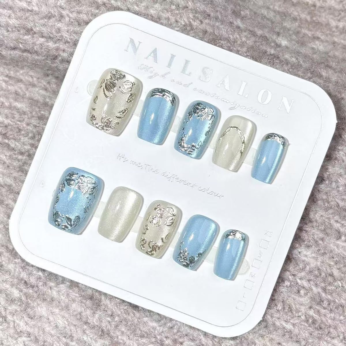 Square Press-On Nails - Short 3D Floral Glitter Design | Glossy Blue French Full Cover - 30 Pcs