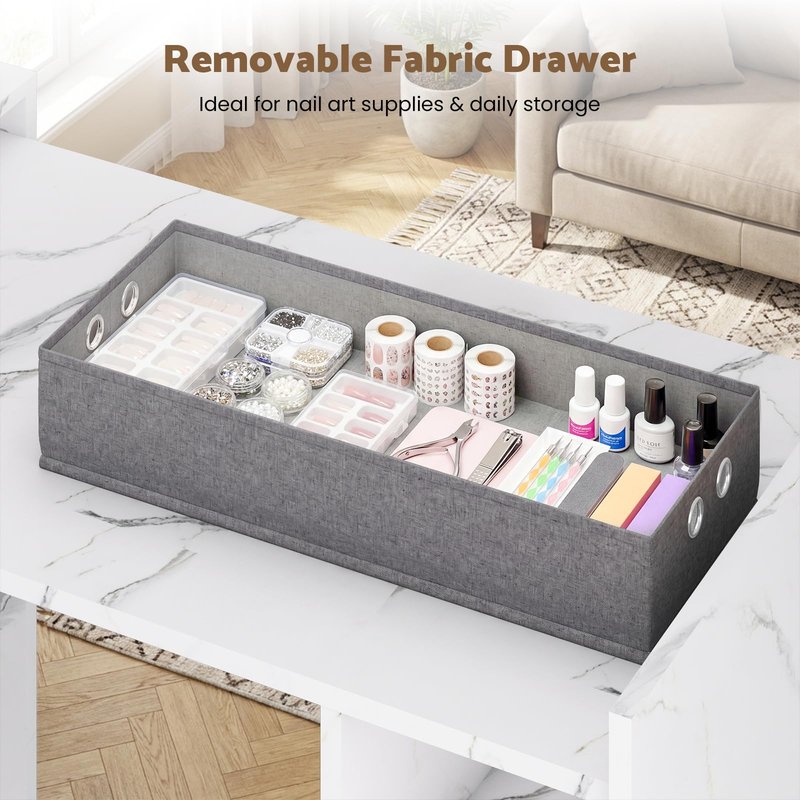 MOMOKOVA Foldable Manicure Table Nail Desk, Extendable Nail Station with Charging Station, Storage Shelf & Fabric Drawer, Wall Mount Nail Tech Table Modern Multipurpose Table for Home & Office, White