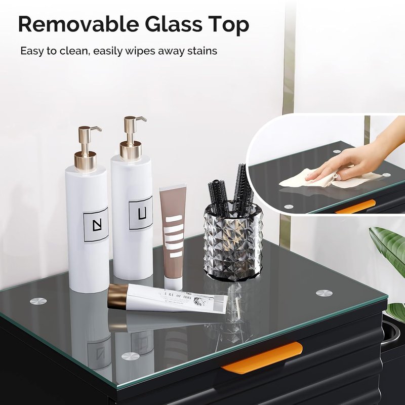 Regine Switzerland Professional Salon Station - Tempered Glass Top, 3 Drawers & Heat Resistant Tool Holders | Black