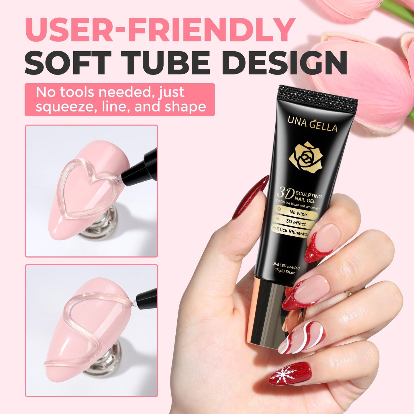 UNA GELLA 3D Gel Nail Art, 3D Nail Gel Sculpting G el Glue 15g 4 in 1 No Wipe Clear Nail Polish for Nails Tips, Chrome Powder, Nail Charms Gems, Drawing and DIY Nail Art Lamp Curing Needed
