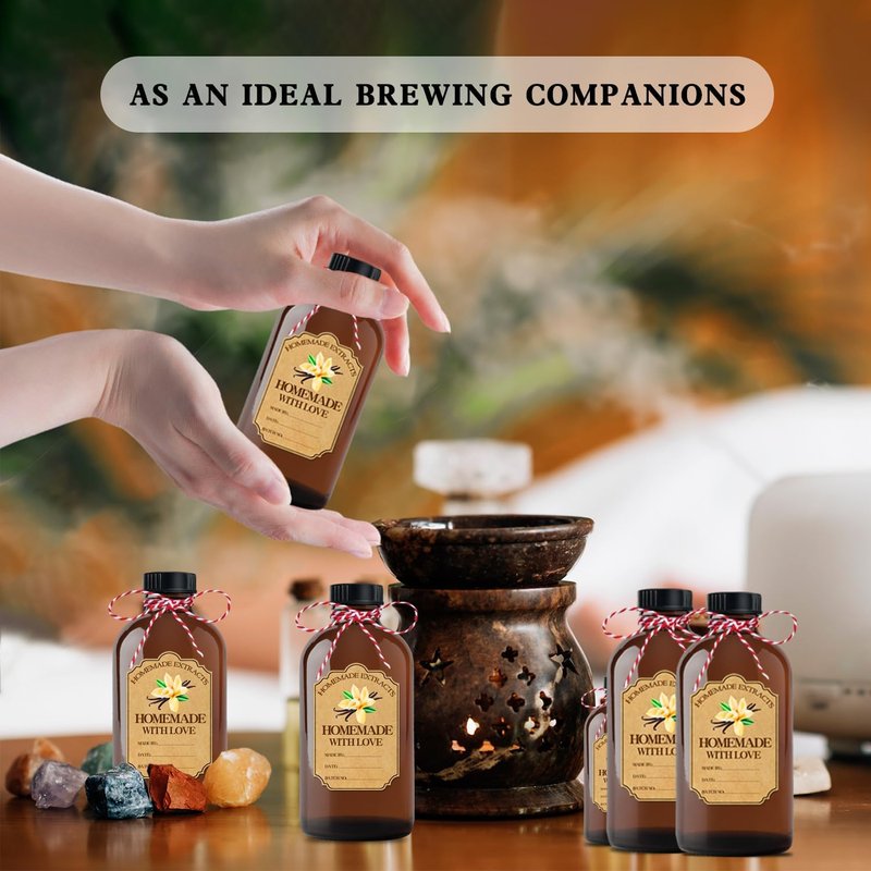 Amber Glass Bottles Set - 8Pcs 4 oz Round Bottles with Caps, Stickers & Funnel | Ideal for Extracts, Syrups & Oils