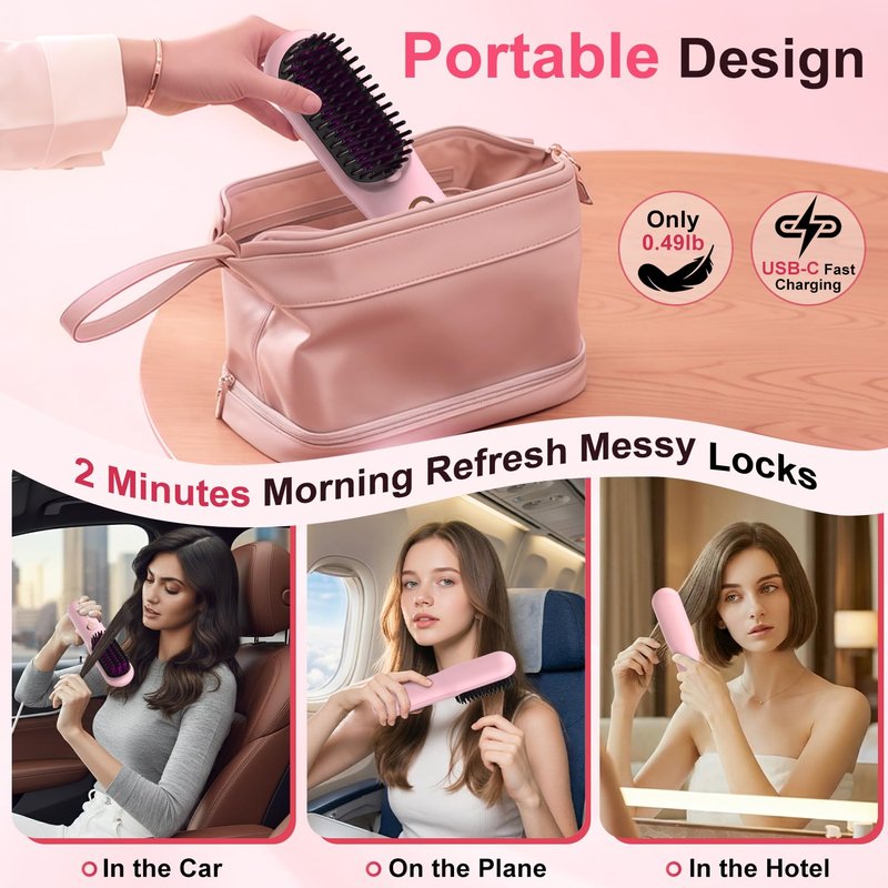 Cordless Hair Straightener Brush, Portable Ionic Plus Frizz-Free Straightening Brush, Rechargeable Touch Up On-the-Go Brush, MCH Fast Heating, 5D Dense Bristles, Auto-Off, Anti-Scald for Women Travel