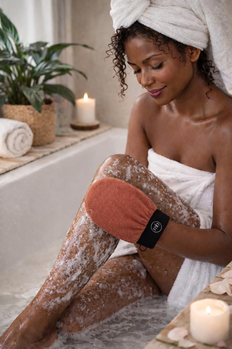 Korean Exfoliating Mitt Glove – Dead Skin Remover for Body, Moroccan Kessa Scrub, Strawberry Skin & KP Treatment, Deep Exfoliating Bath Glove for Smooth Skin (Brown)