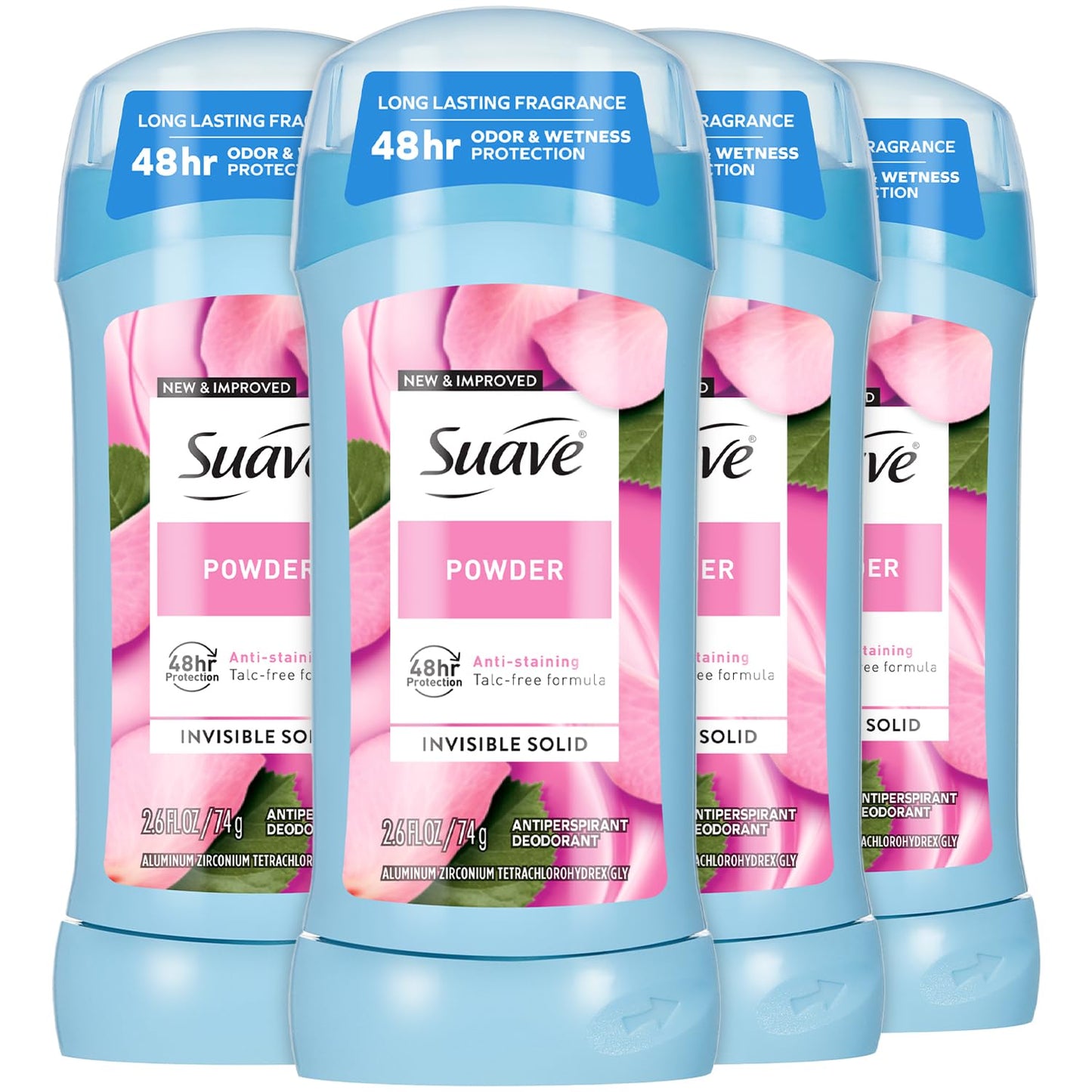 Suave Antiperspirant Deodorant for Women, Powder, 4-Pack – Anti-Staining Invisible Solid, Talc-Free, 2.6 Oz Ea