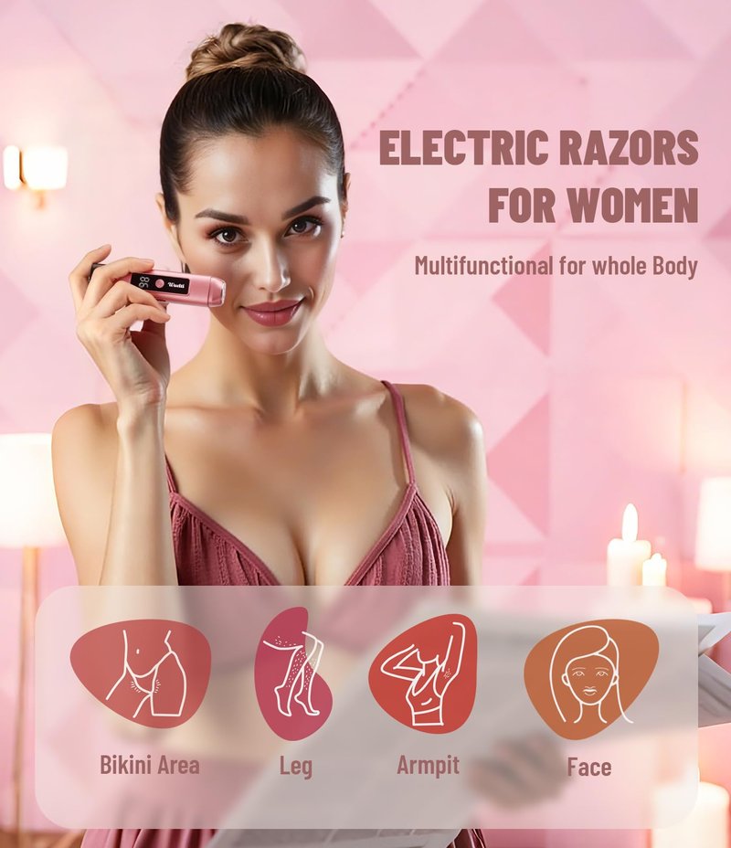 Dynooper Electric Bikini Trimmer for Women: IPX7 Waterproof Dual Head Cordless Electric Shaver for Women with LED Display & 0.5mm Ceramic Blades for Pubic Hair, Face - Rose Pink
