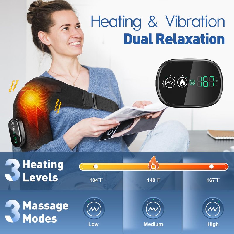 Cordless Shoulder Heating Pad, Heated Shoulder Brace with 3 Massage Modes, Heated Shoulder Wrap for Rotator Cuff Pain Relief, Heated Shoulder Brace for Men Women (Black)