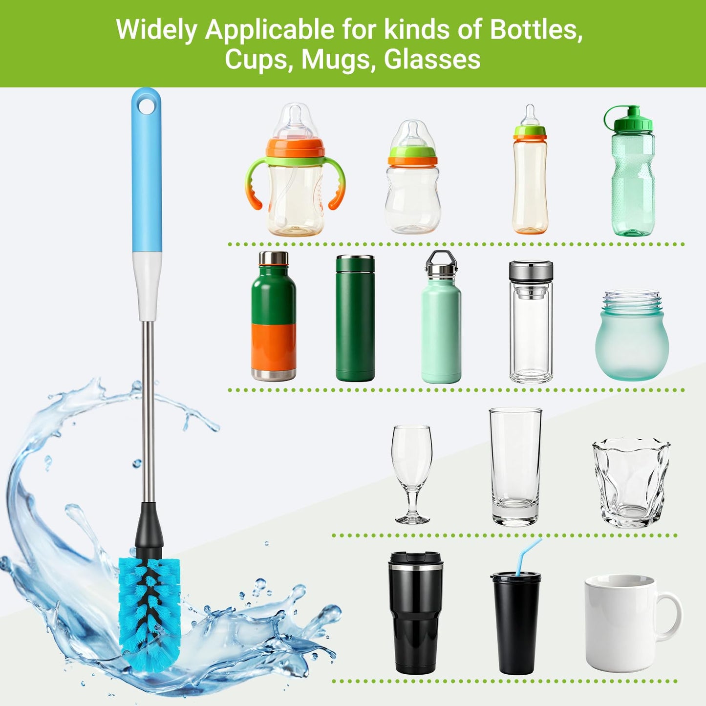 3-in-1 Bottle Brush, 15 Inches Long Handle Kitchen Water Bottle Brush, Stainless Steel Bottle Cleaner Brush with Straw Brush & Lid Brushe for Cleaning Wine Glasses,Coffee Mugs,Tumblers,Wine Decanters