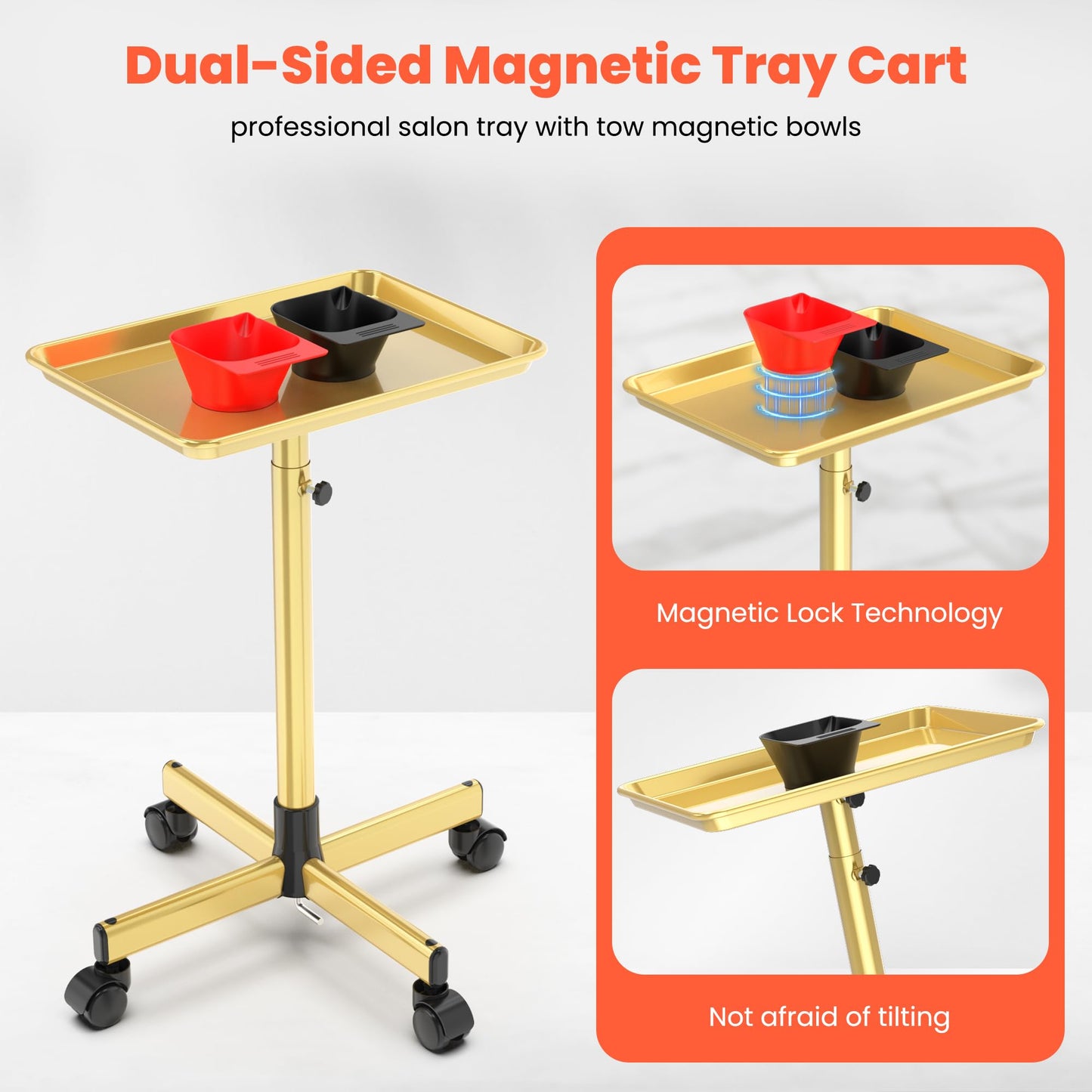 TASALON Rolling Salon Cart with Adjustable Height, Rolling Tray Trolley for Salon Essentials, Mobile Trolley with Wheels and 2 Magnetic Dye Bowls, 10 PCS Disposable Salon Tray Cover, Gold Metal