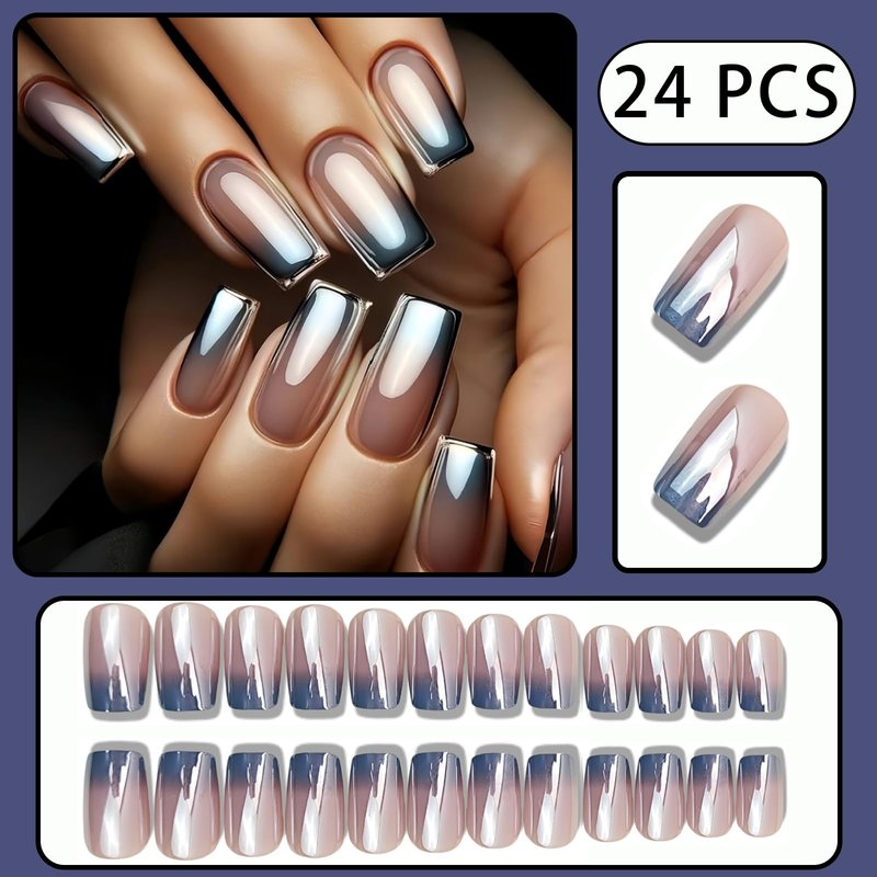 Gray Chrome Press on Nails Medium Square Fake Nails Silver Gradient French Tip Glossy Shiny Full Cover Laser Acrylic False Stick on Nail Reusable for Women Girls Manicure Decoration 24Pcs
