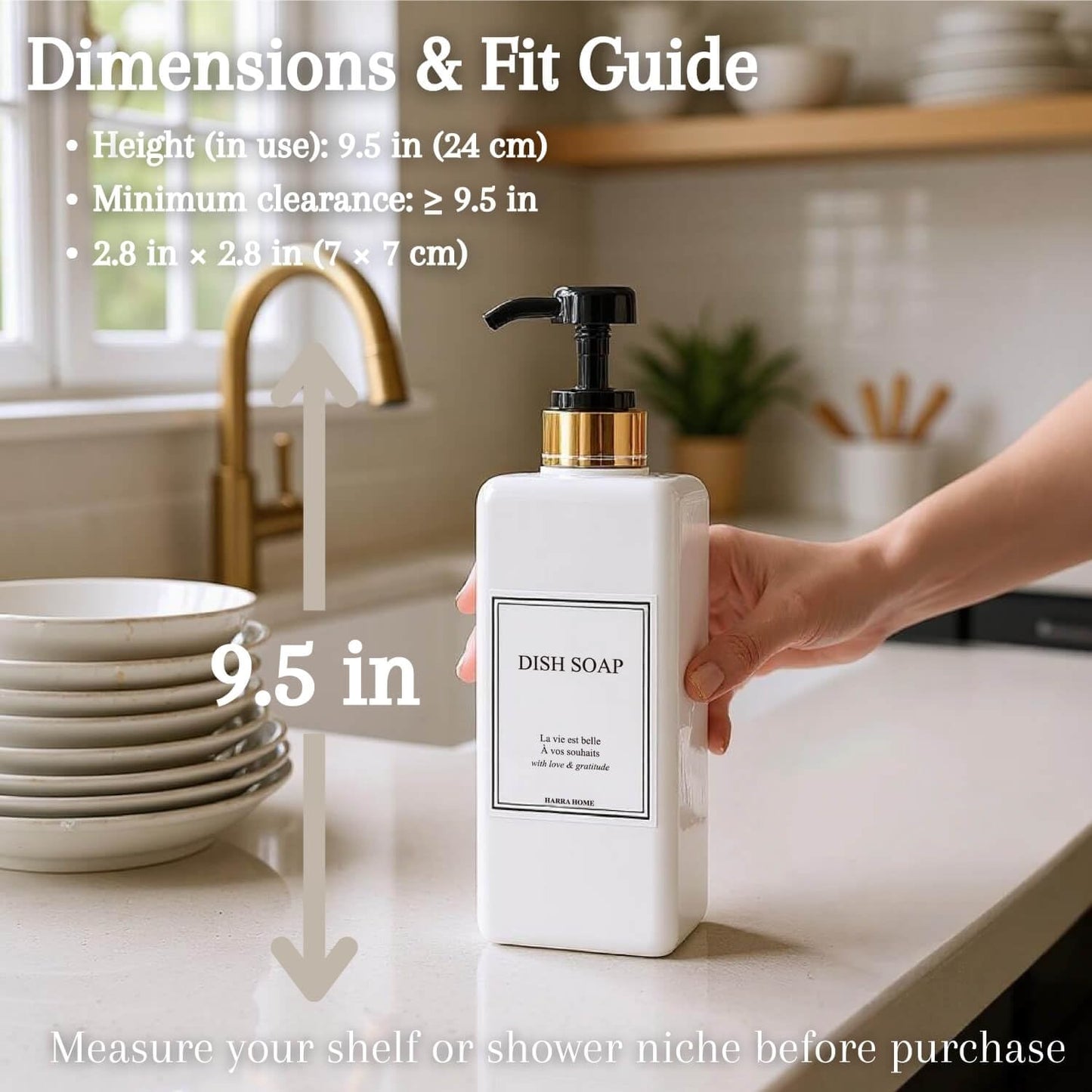 Modern Gold Design Shampoo and Conditioner Dispenser, Large 27oz Shower Soap Dispenser, Set of 3 Refillable Empty Plastic Pump Bottles for Bathroom and Body Wash (6 Waterproof Labels Included)
