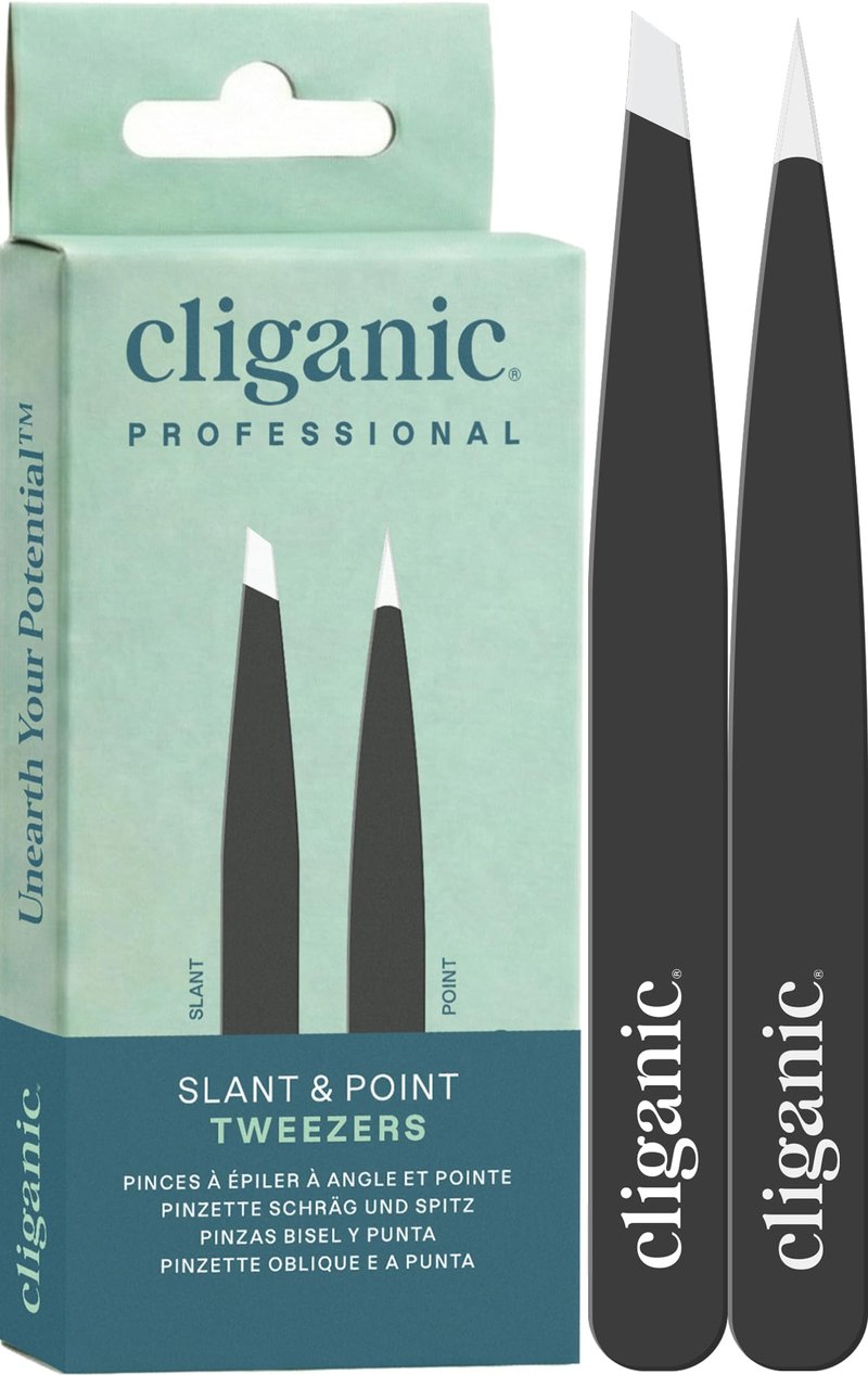 Cliganic Eyebrow Tweezers Set: Slant & Point Precision Tip | For an Easy Hair Removal, Stainless Steel, For Men & Women