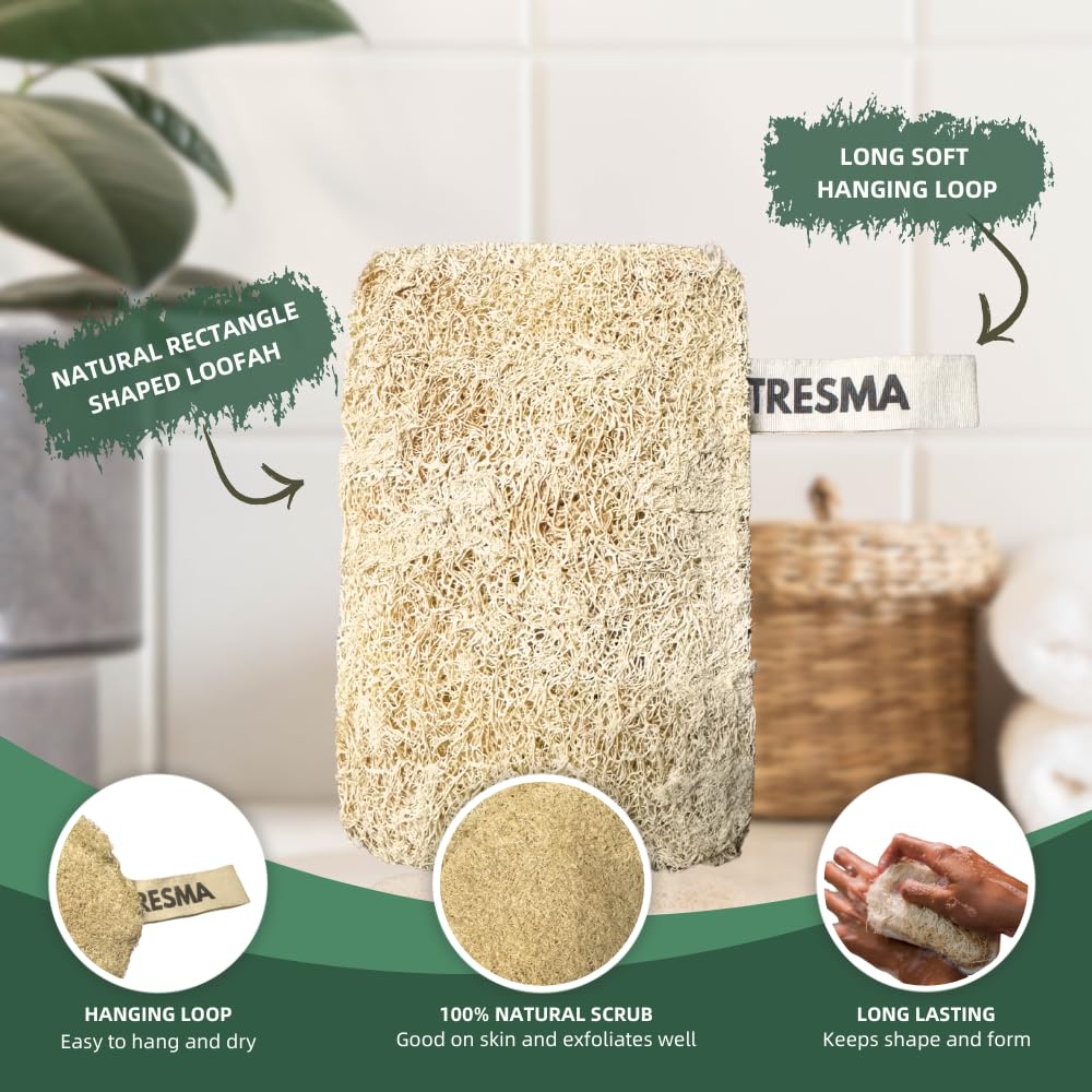 Natural Loofah Body Sponge, Plant-Based Exfoliating Scrubber for Men & Women, Rectangle Organic Loofahs for Deep Cleansing & Skin Smoothing (3 Pack)
