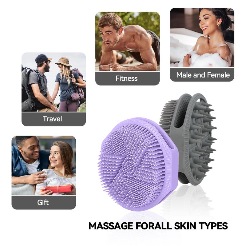 2-Pack Soft Silicone Dual-Sided Body Scrubber & Loofah | Gentle Exfoliating Shower Brush for Men & Women | Creates Rich Lather, Easy to Clean (Gray & Purple)