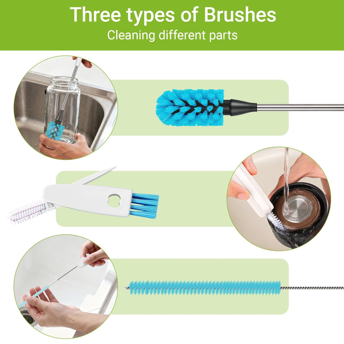3-in-1 Bottle Brush, 15 Inches Long Handle Kitchen Water Bottle Brush, Stainless Steel Bottle Cleaner Brush with Straw Brush & Lid Brushe for Cleaning Wine Glasses,Coffee Mugs,Tumblers,Wine Decanters