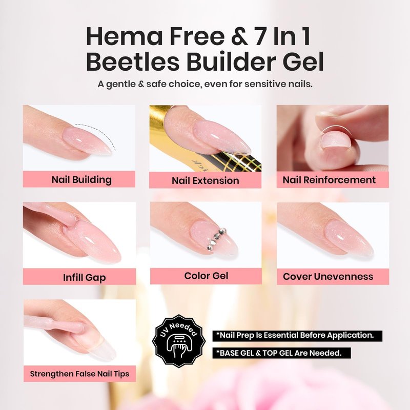 Beetles Builder Gel HEMA Free-0.51 oz Lady with Dreams Glitter Pink Building Gel,Building Apex Strengthening Thickening Sensitive Nails Extension,for Beginner DIY Salon at Home,UV LED Lamp Cured