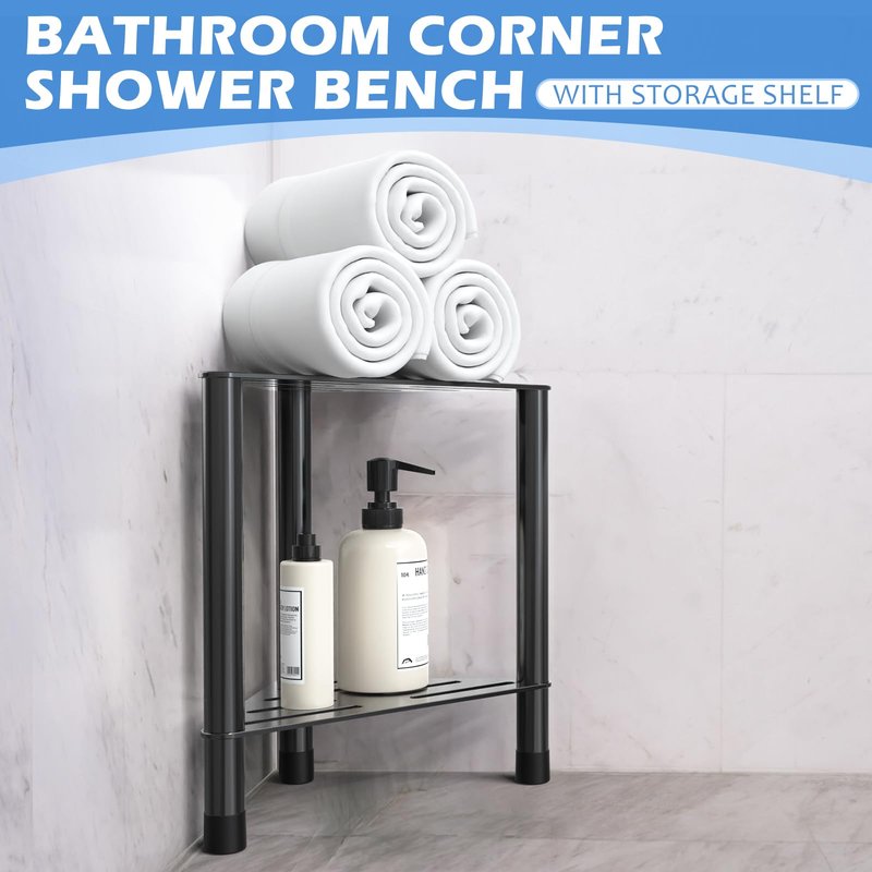 Corner Shower Stool for Inside Shower - 15.5in Shower Foot Rest with Storage Shelf, Stainless Steel Shower Stool for Shaving Legs, Bathroom Bench Suitable for Small Shower Spaces, Black