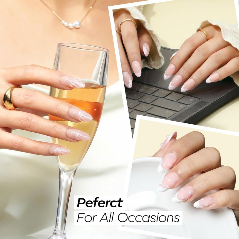 Modelones French Tip Press on Nails Almond, Short Almond Fake Nails, Semi-Transparent Soft Nail Kit with Nail Glue Adhesive Tabs Nail File, Spring Nails Press Ons 30Pcs 15 Sizes, Golden Line