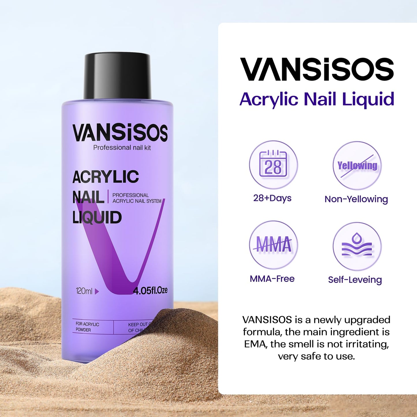 VANSISOS Monomer Acrylic Nail Liquid: 4fl.oz Professional EMA Acrylic Liquid Monomer with Nail Brush for Beginners at Home DIY Nail Salon Use Non-Yellowing MMA-Free