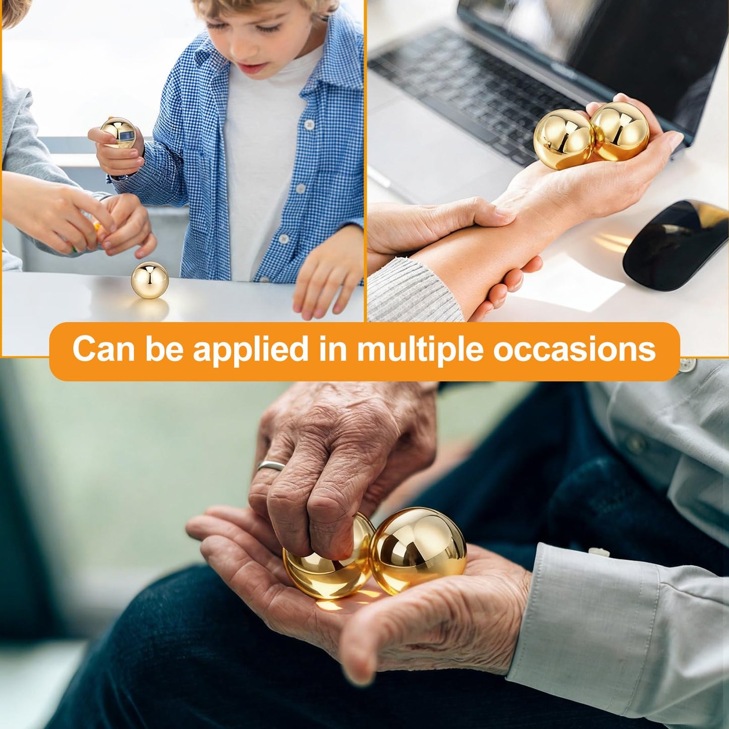 Healvian 2Pcs Brass Exercise Ball 1.5 Inch Golden Solid Copper Metal Baoding Balls for Hand Therapy Stress Relief, Chinese Kung Fu Massage Acupressure Tool