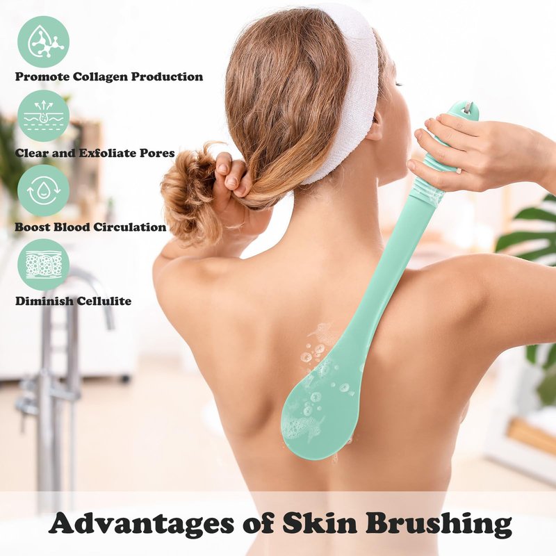 ROLIZOE 17-Inch Back Scrubber for Shower, Anti-Slip Exfoliating Body Brush for Bath, Gentle Back Brush for Shower for Men, and Women, Cleaning Skin for Smooth, Glowing Skin (Celadon Green)
