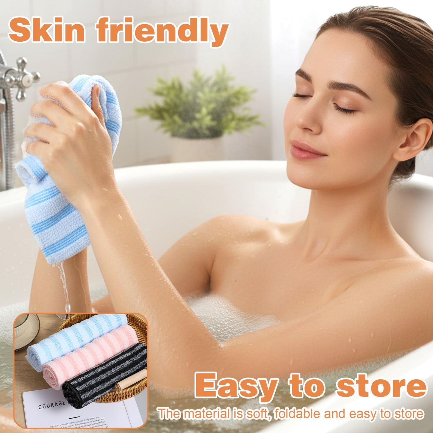 Exfoliating Shower Towel, 38 Inches Scrub Towels for Shower Exfoliating, Stripes Showers Towel for Smooth and Soft Skin (3 Colors, 6 Pcs)
