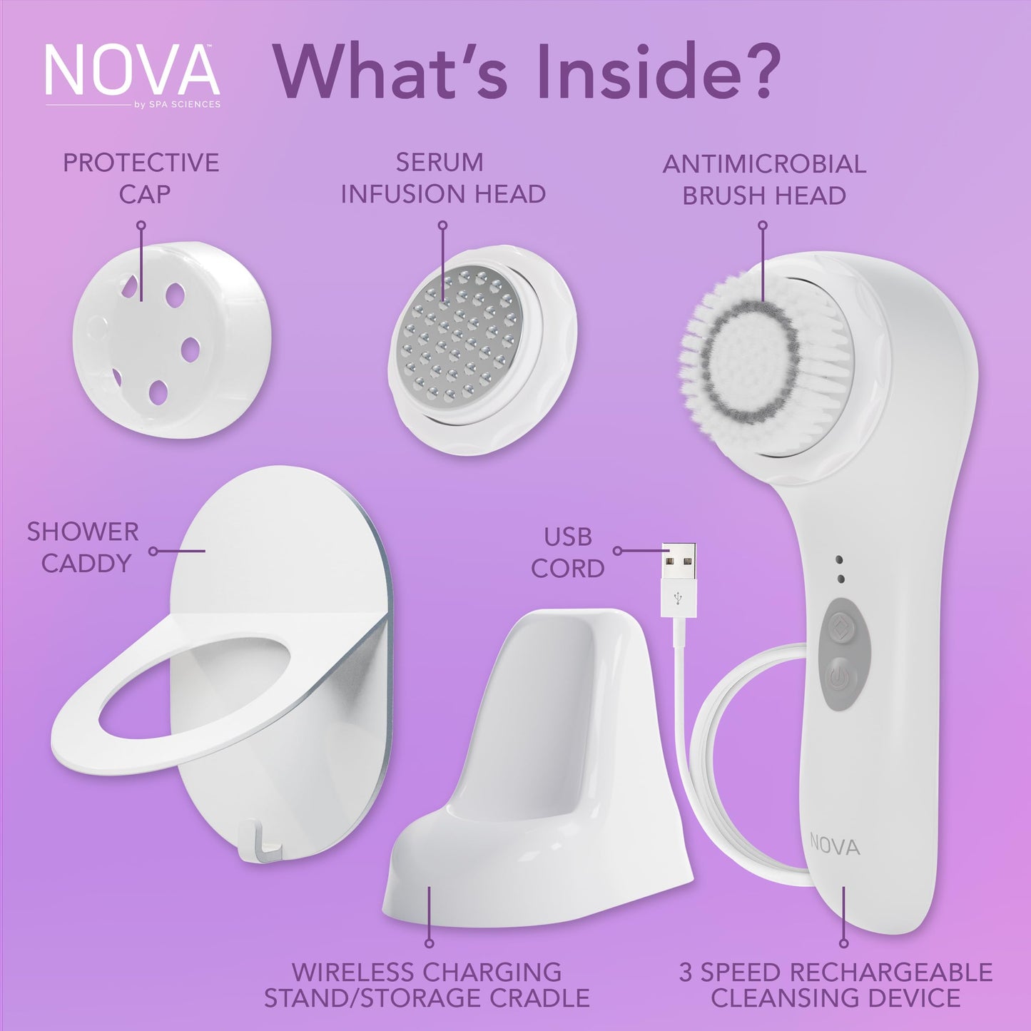 Spa Sciences - NOVA - Cleansing Brush with Bristles & Infusion System – Anti-Aging Facial Exfoliating, Waterproof, and USB Rechargeable