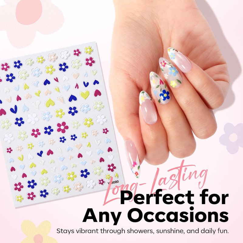 Modelones Flower Nail Stickers - 3D Embossed Colorful Floral Designs for Spring & Easter | 5 Pcs Set