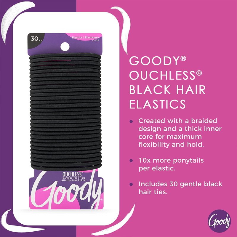 Goody Ouchless Hair Elastics - No Pull, No Breakage, Tangle-Free Hold for Thick, Curly, Coily & Textured Hair, Black, Long-Lasting Ponytail Holders for Women & Men, 30 Count (Pack of 2)