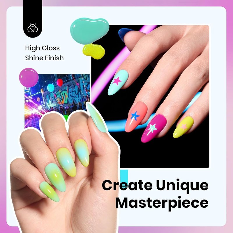 Beetles Neon Gel Polish Set - 6 Hema-Free Colors for Soak Off UV Lamp | Vibrant Summer Nail Art 15ML