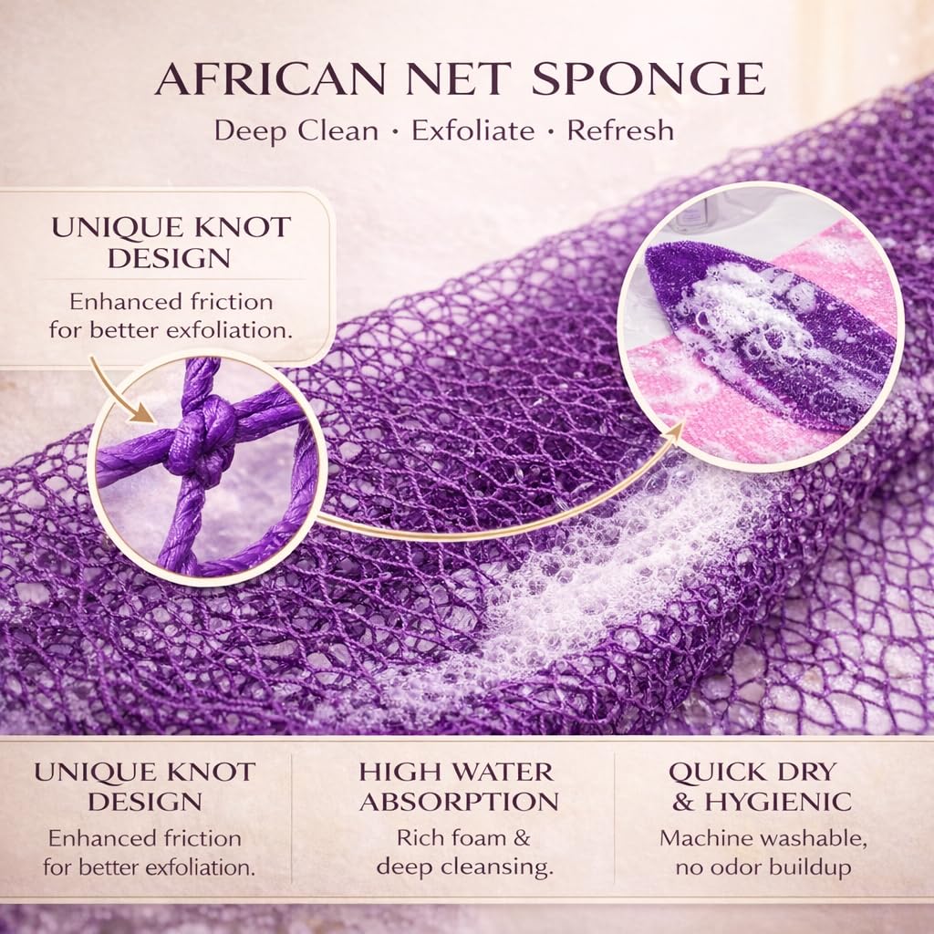 African Net Sponge Authentic, 3 Pieces African Exfoliating Net Sponge Body Back Scrubber Exfoliating Washcloth for Shower Bath for All Types Skin (Purple+Pink+Olive Green, 3 Pcs)