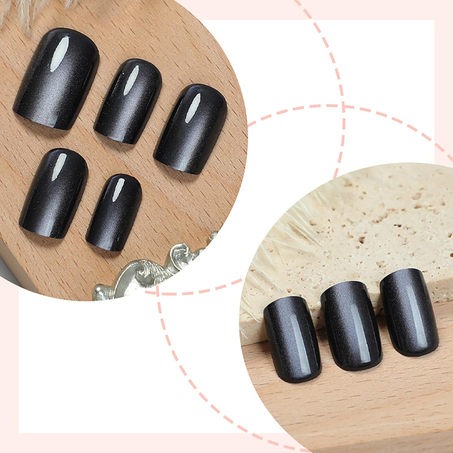 Skiennix Short Square Press On Nails - Black Glitter Glossy Full Cover | Reusable Artificial Nails for Women