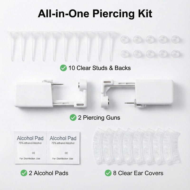 QSKISS G23 Titanium Ear Piercing Kit, ASTM F136 Implant Grade 4mm Pink Studs for Sensitive Ears, Professional Painless Home Piercer, hygienic Disposable with 8 Ear Covers & 10 Clear Studs