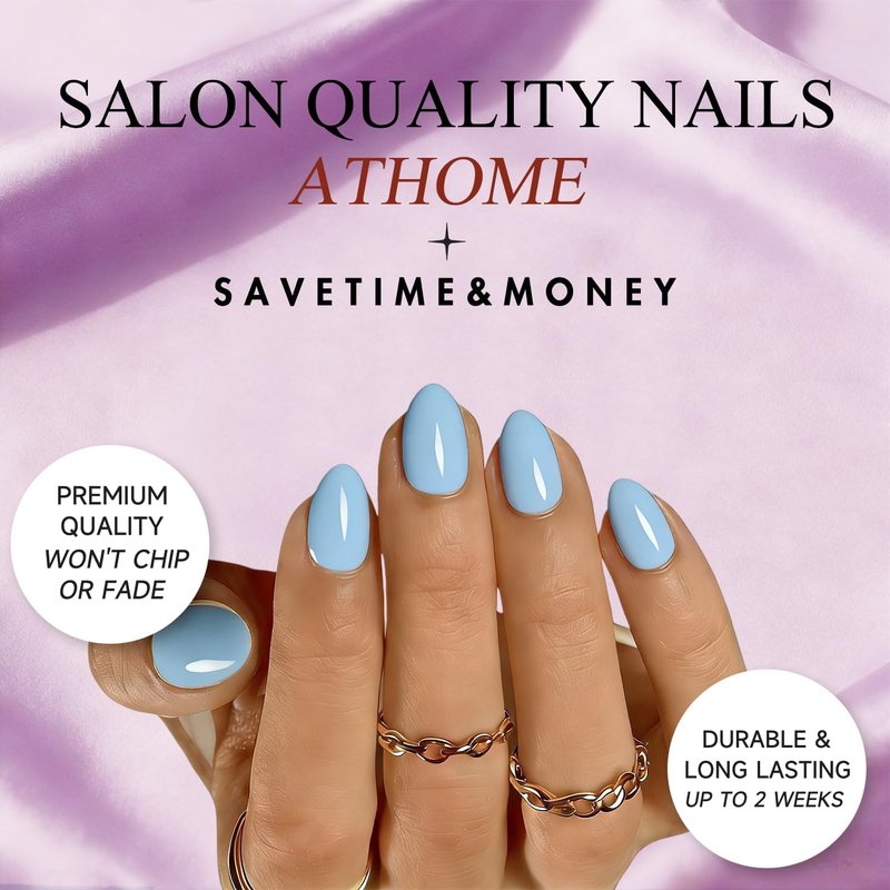 JOYVVEW Pastel Soft Blue Press on Nails Short Oval, 32 Pcs 16 Sizes Soft Gel Fake Nails Press ons Almond, Natural Glossy Opaque Glue on Nails with Glue, Acrylic False Nail for Women Daily Looks