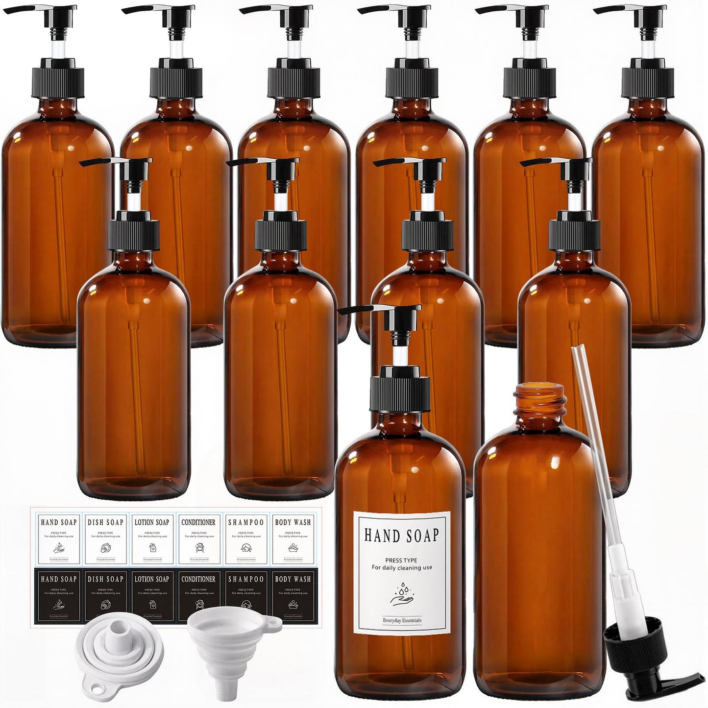 TBWIND 12 Pack Amber Glass Bottles 16oz with Pump Dispensers, Refillable Empty Pump Bottles for Bathroom, Kitchen, Shampoo, Soap, Lotion – Includes 2 Funnels & 12 Labels
