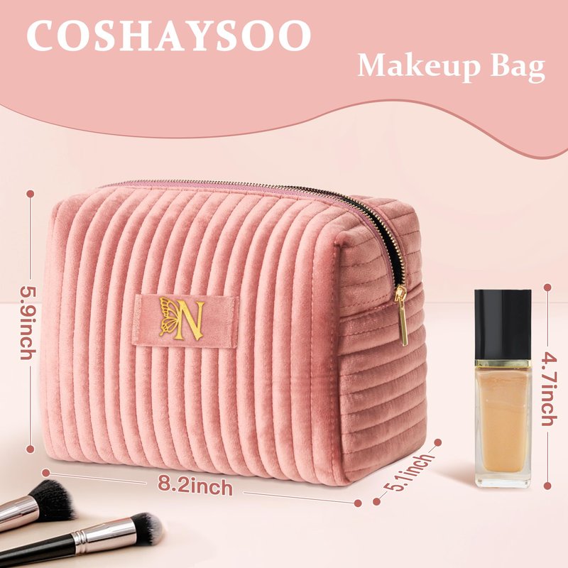 COSHAYSOO Travel Makeup Bag Quilted Make Up Pouch Initial Cosmetic Case with Butterfly Decorations for Women Birthday Easter Mothers Christmas Valentines Graduation Appreciation Gifts Pink Letter N