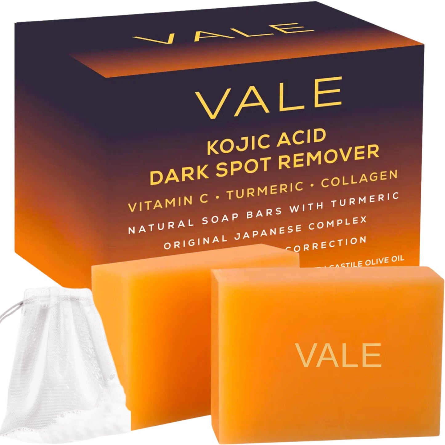 VALE Kojic Acid & Turmeric Soap Bar (2-Pack) – Natural Dark Spot Remover & Original Japanese Complex with Vitamin C, E, Collagen, Retinol, Olive Oil & Shea Butter(Citrus)