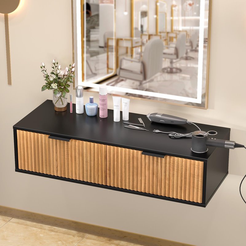 OmySalon Wall Mount Salon Station, Hair Stylist Cabinet with 3 Heat Resistant Dryer Holders, 2 Drawers, Modern Retro Style Barber Storage Station for Salon, Bathroom, Black