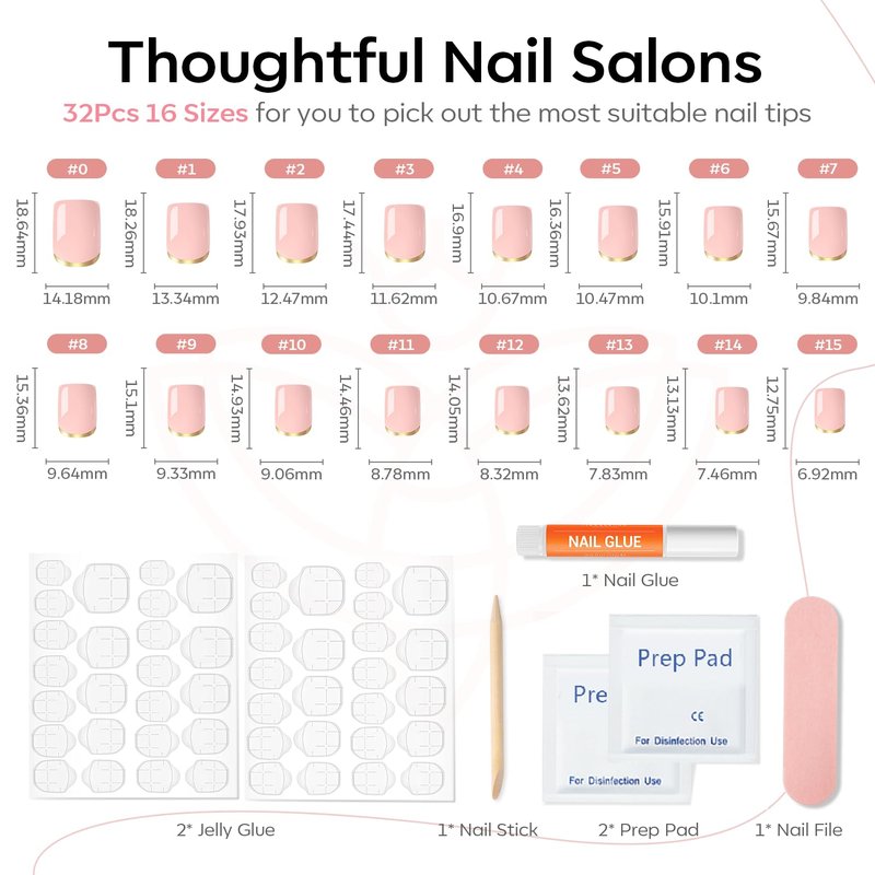 Modelones French Tip Press on Nails Short, Square Fake Nails, Reusable Nail Kit with Nail Glue Adhesive Tabs Mini Nail File, Nails Press Ons 32Pcs 16Sizes, Women Girl Gift, Golden Nude, Spring