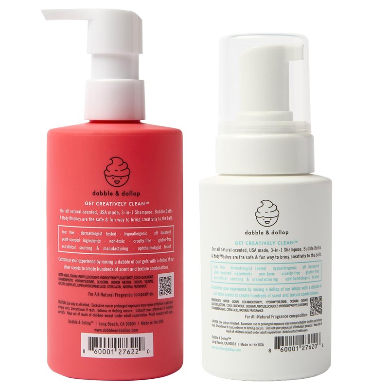 Dabble & Dollop Strawberry + Vanilla Kids 3-in-1 Body Wash, Shampoo & Bubble Bath Bundle – Gel + Foam Whip, Tear-Free, Gentle, Natural-Origin, Hypoallergenic and Safe for Sensitive Skin (Pack of 2)