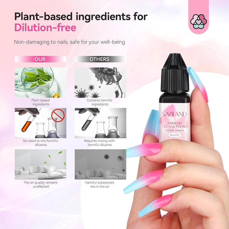 SAVILAND Airbrush Gel Nail Polish Hema-Free: Dilution-Free 12 Vitality Colors Airbrush for Nails Set Non-Acetone with Fine Mist Nail for Spray French & Ombre Nail Polish Nail Art Design Salon Kit