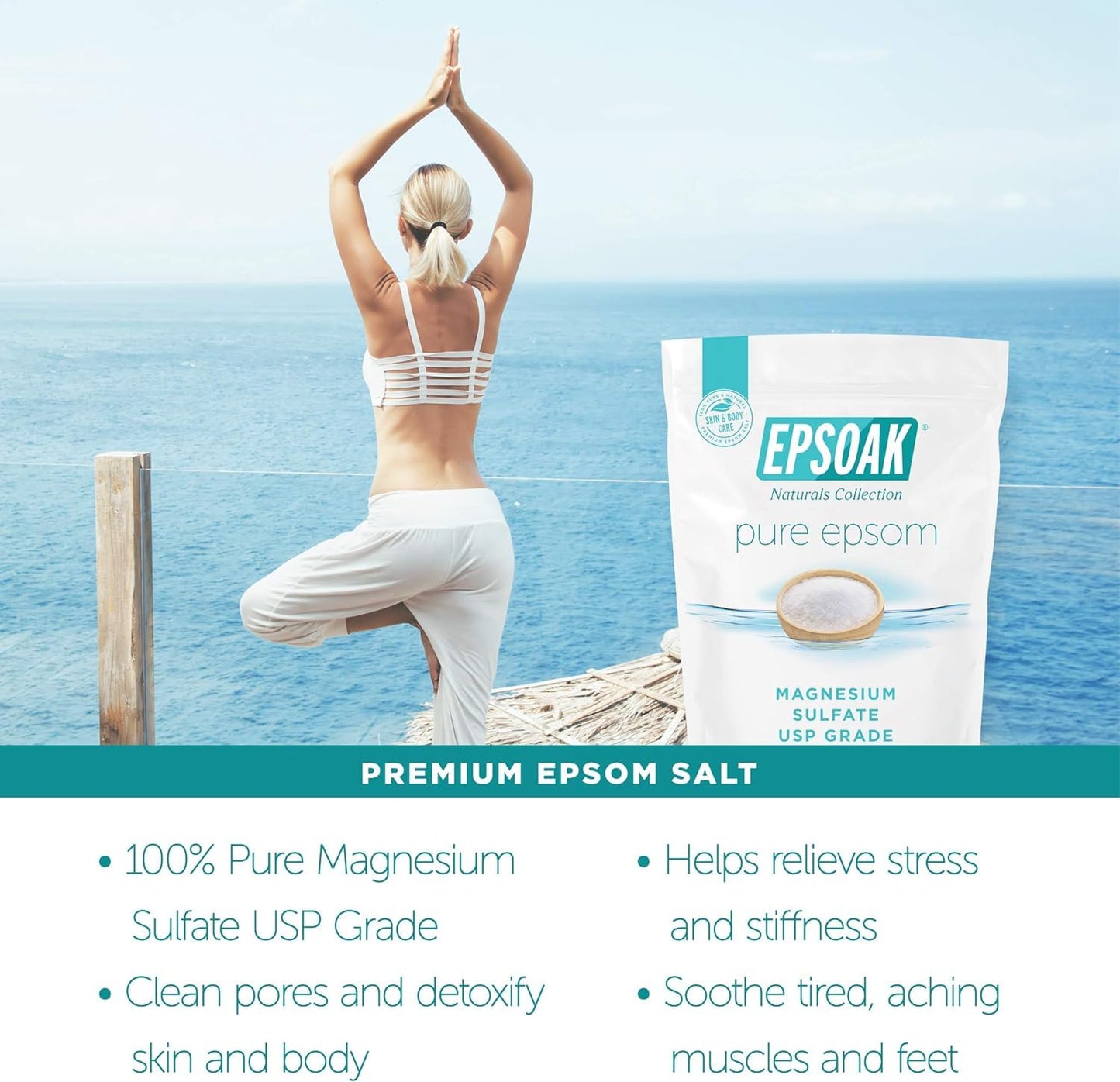 Epsoak Epsom Salt 5 lb. Magnesium Sulfate USP. Resealable Epsom Salt Bag Unscented, Made in The USA, Cruelty-Free Certified