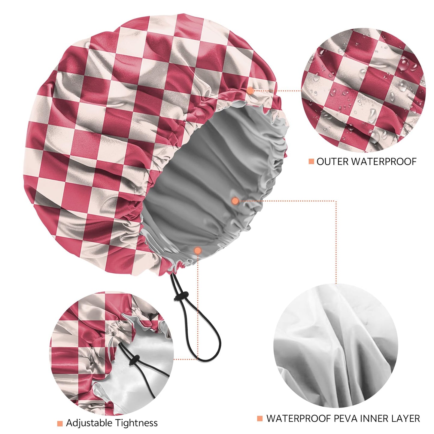BHAHB Shower Cap Reusable Double Layer Adjustable Elastic Waterproof EVA Hair Bath Caps for Women Girls Cute Aesthetic-Pink Checkered