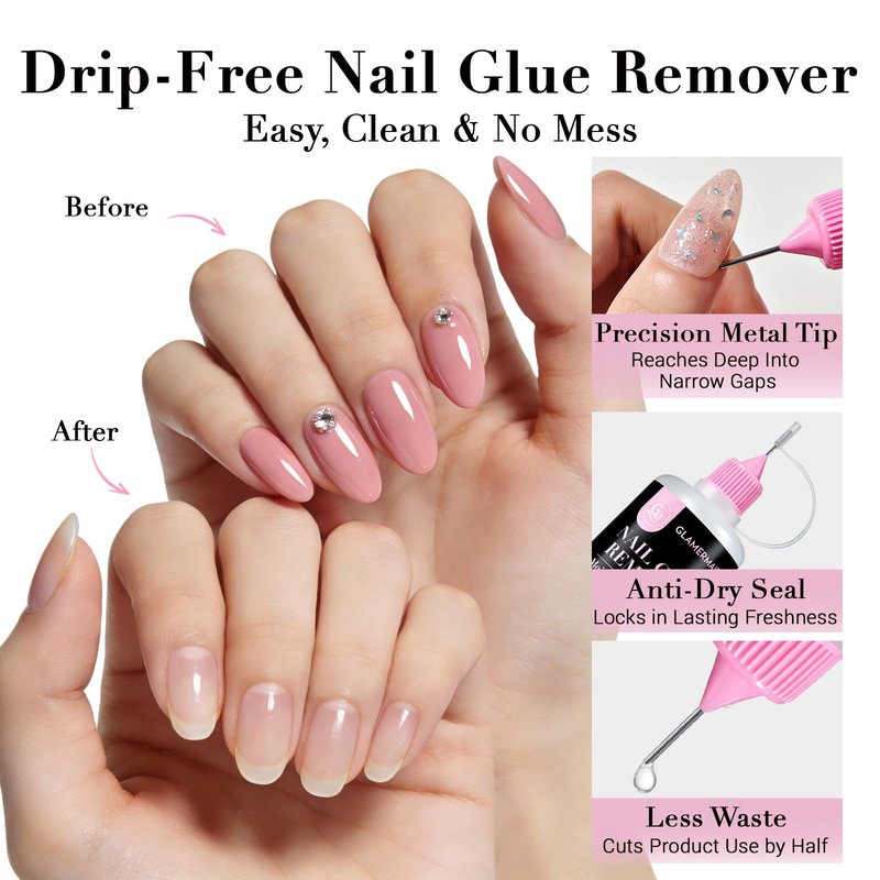 GLAMERMAID 50 ml Pinpoint Nail Glue Remover for Press on Nails Non-Acetone with 3 Orangewood Sticks, Multifunctional Gentle Glue Remover for Nails Tips Acrylic Nails Fake Nails