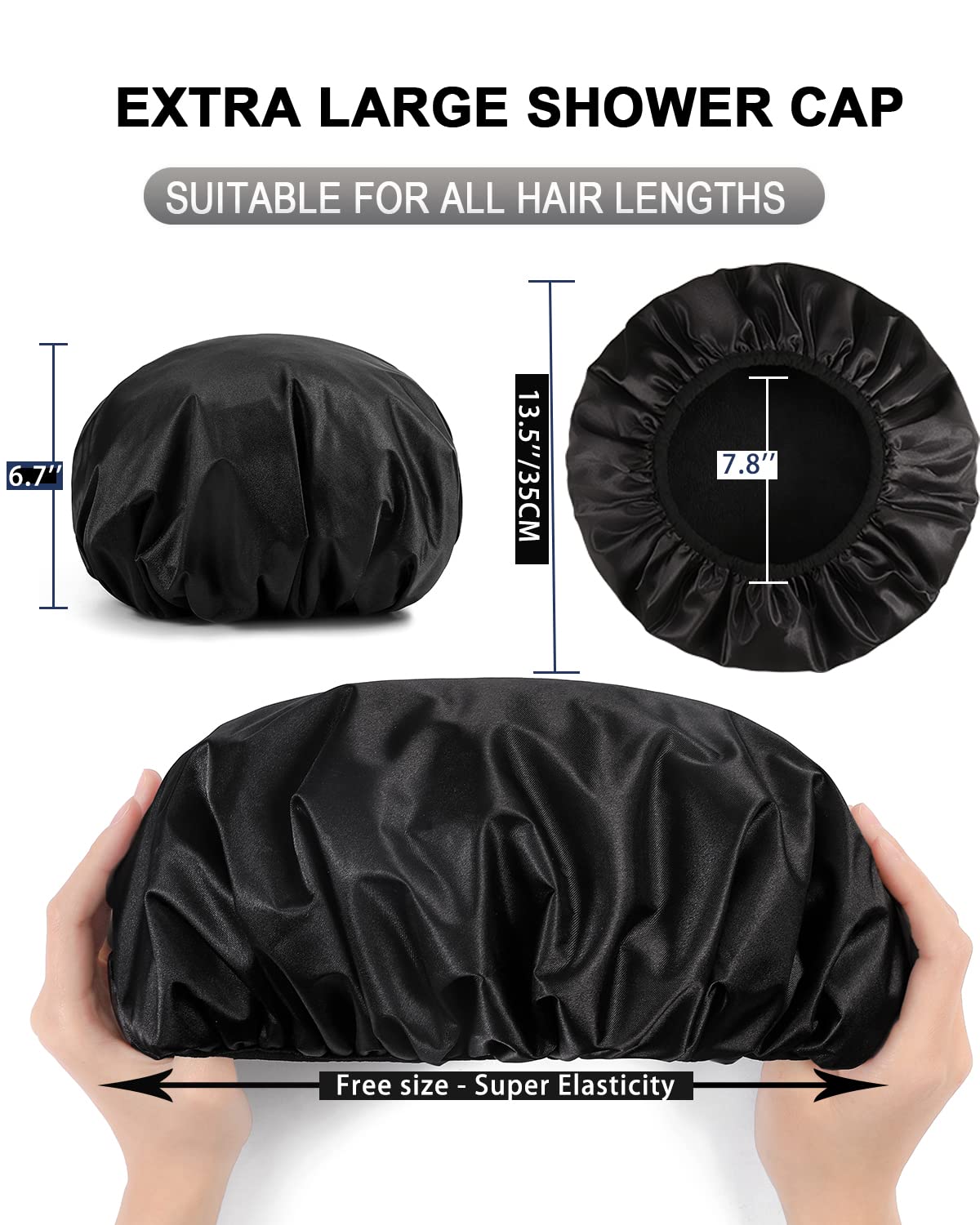 YIZIJIZI Terry Lined Shower Cap, Triple Layer Large Cap for Women, Reusable Waterproof for Long Thick Hair, Black