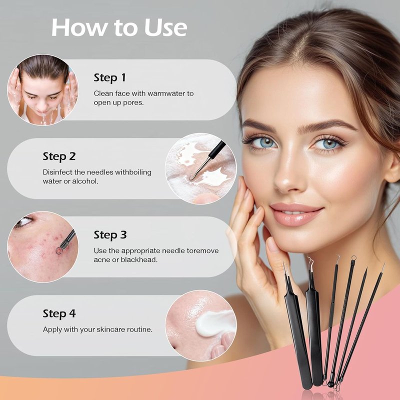 Skiennix Blackhead Remover Tool Kit - 6-Piece Pimple Popper Set for Clear Skin | Black